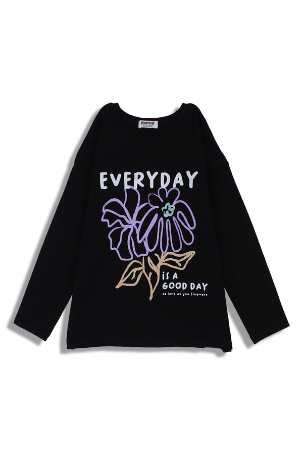 تي شيرت بناتي قطني أسود بطبعة زهور "Everyday is a Good Day"