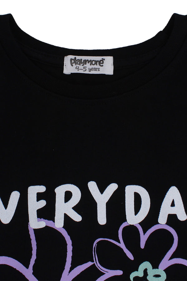 تي شيرت بناتي قطني أسود بطبعة زهور "Everyday is a Good Day"