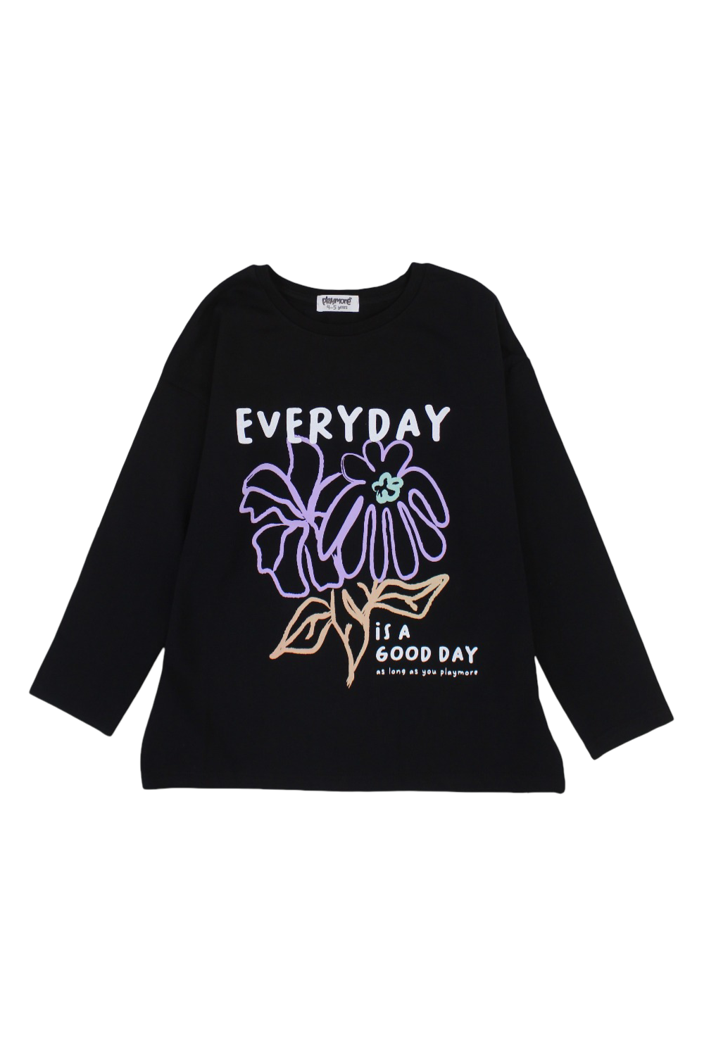 Girls Cotton T-Shirt – Black with "Everyday is a Good Day" Flower Print