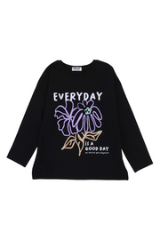 Girls Cotton T-Shirt – Black with "Everyday is a Good Day" Flower Print