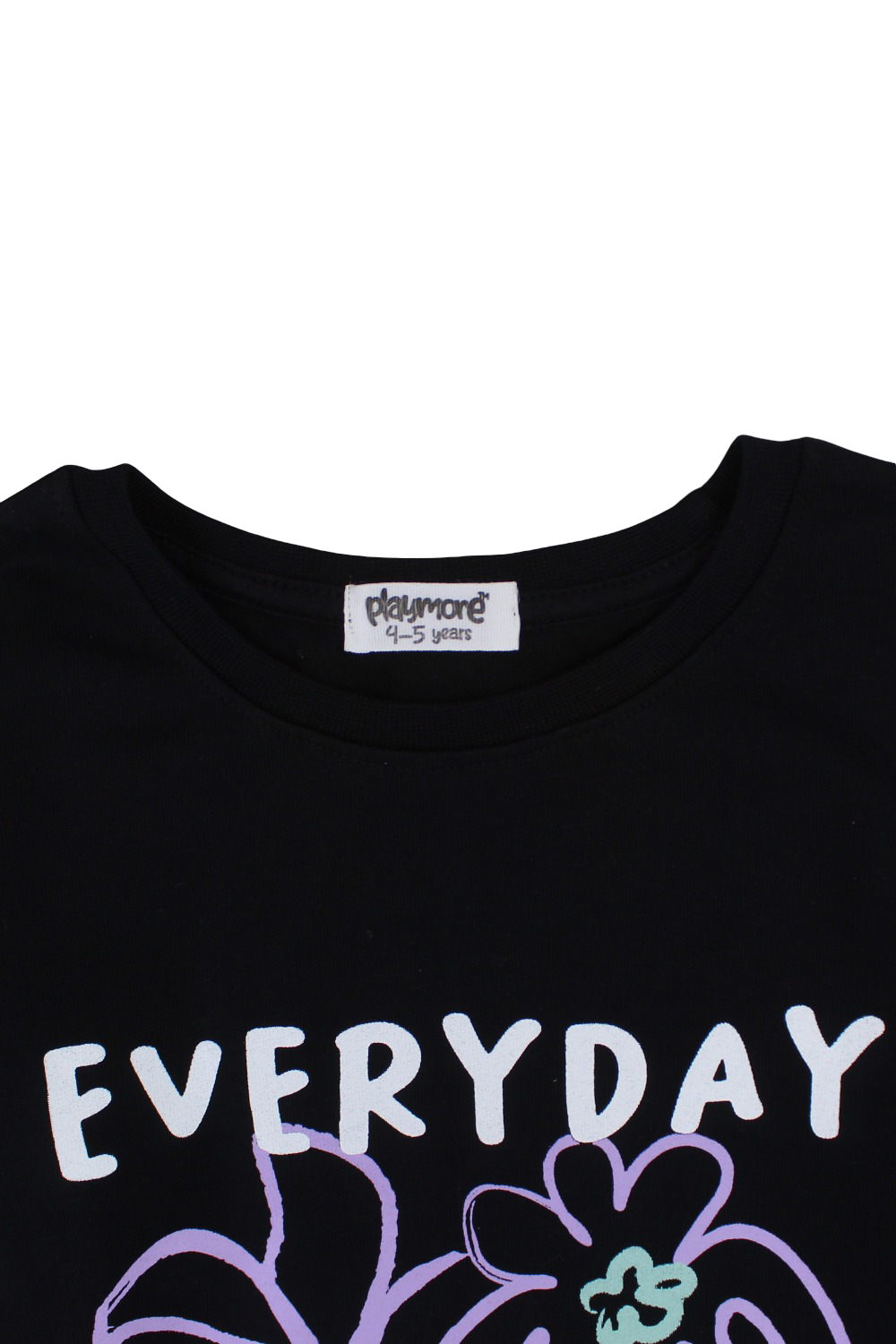Girls Cotton T-Shirt – Black with "Everyday is a Good Day" Flower Print