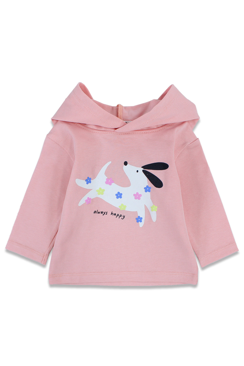 Baby Girls Cotton Hooded T-Shirt – Salmon with "Always Happy" Dog Print