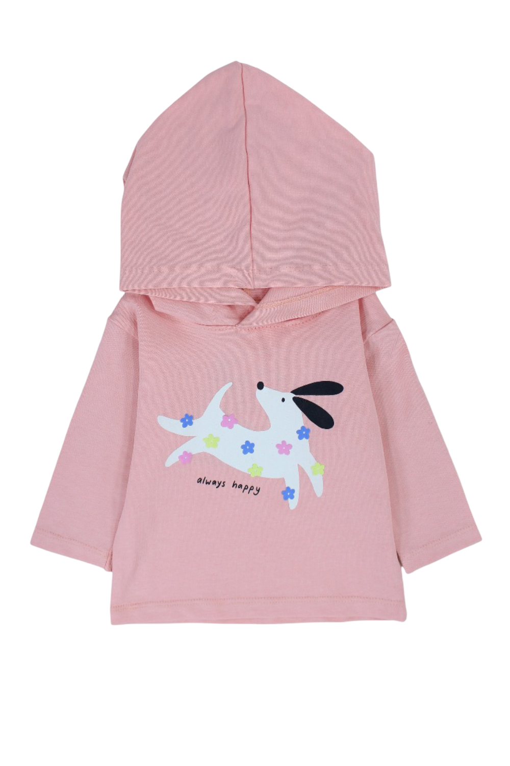Baby Girls Cotton Hooded T-Shirt – Salmon with "Always Happy" Dog Print
