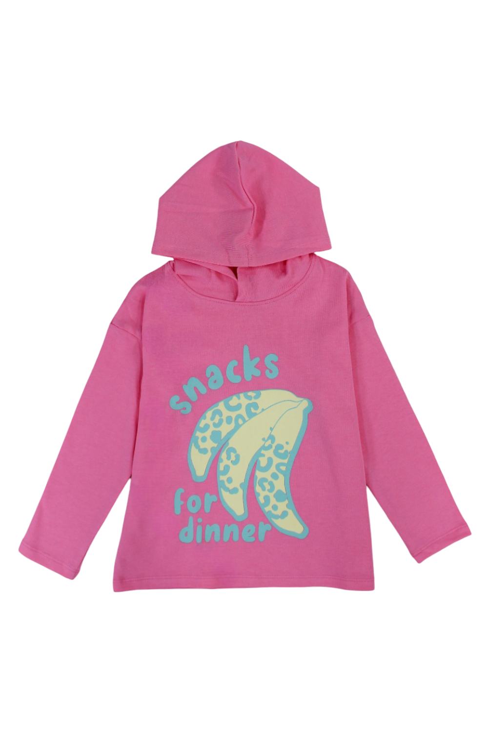 Girls Cotton Hoodie – Pink with "Snacks for Dinner" Bananas Print