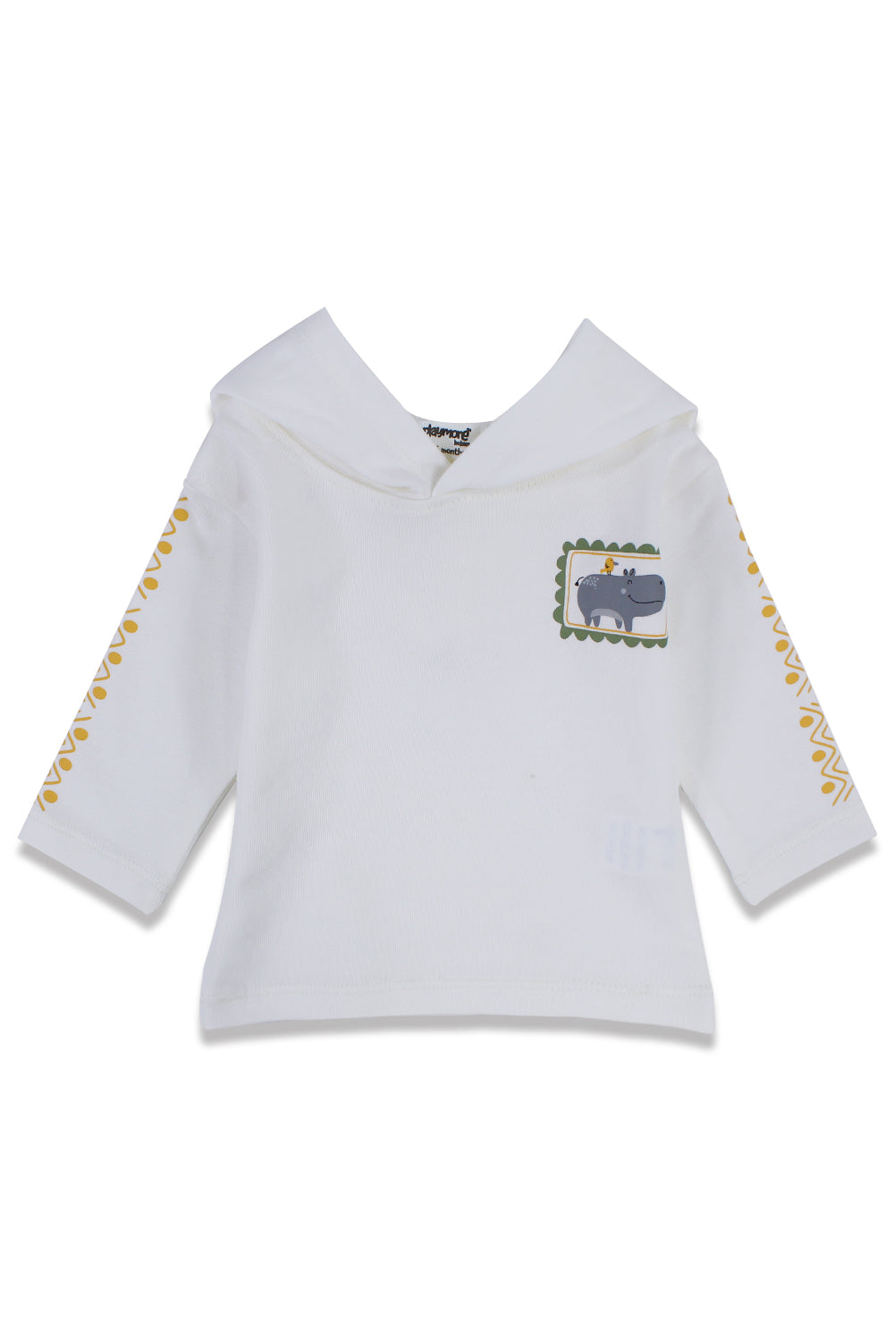 Baby Boys Cotton Hooded T-Shirt – Off-White with Hippopotamus Print