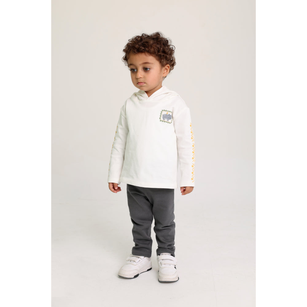 Unisex Cotton Hooded T-Shirt – Off-White with Hippopotamus Print