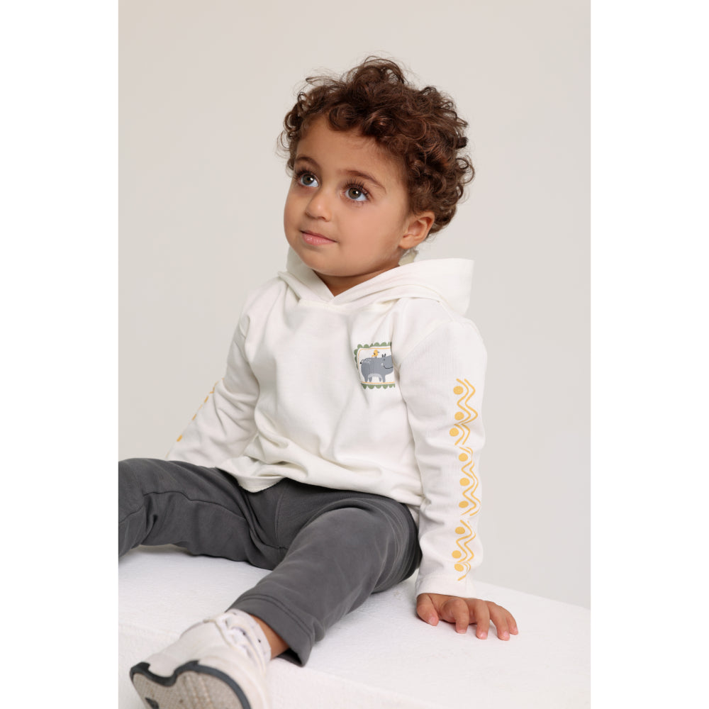 Unisex Cotton Hooded T-Shirt – Off-White with Hippopotamus Print