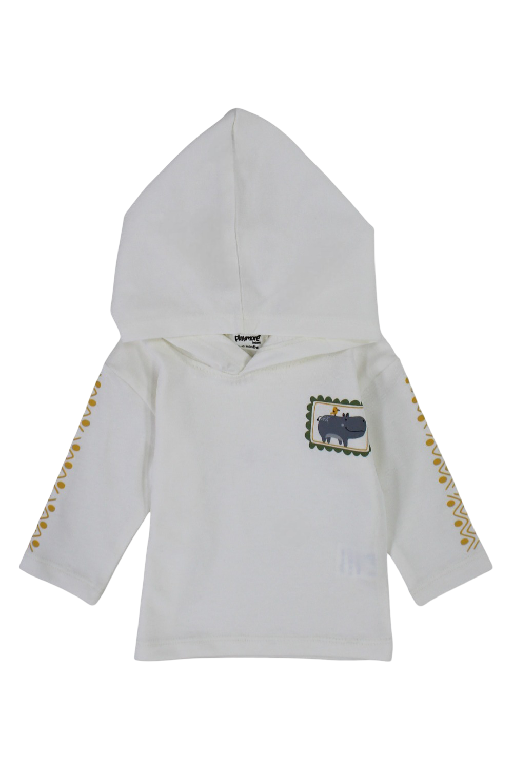 Baby Boys Cotton Hooded T-Shirt – Off-White with Hippopotamus Print