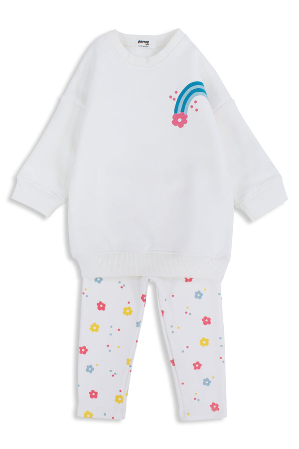 Baby Girls Cotton 2-Piece Outfit Set – Off-White with Rainbow & Flowers Print