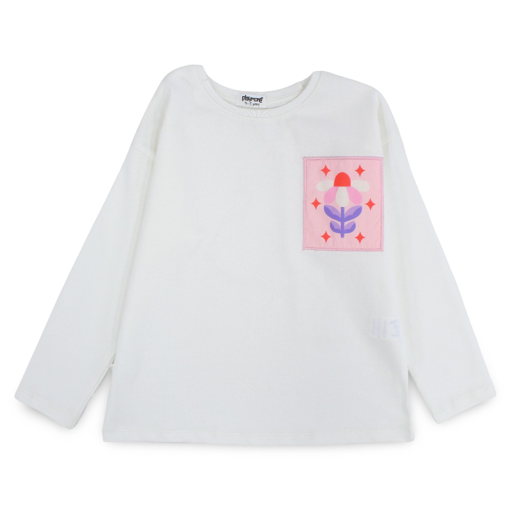 Girls Cotton T-Shirt – Off-White with Flower Print