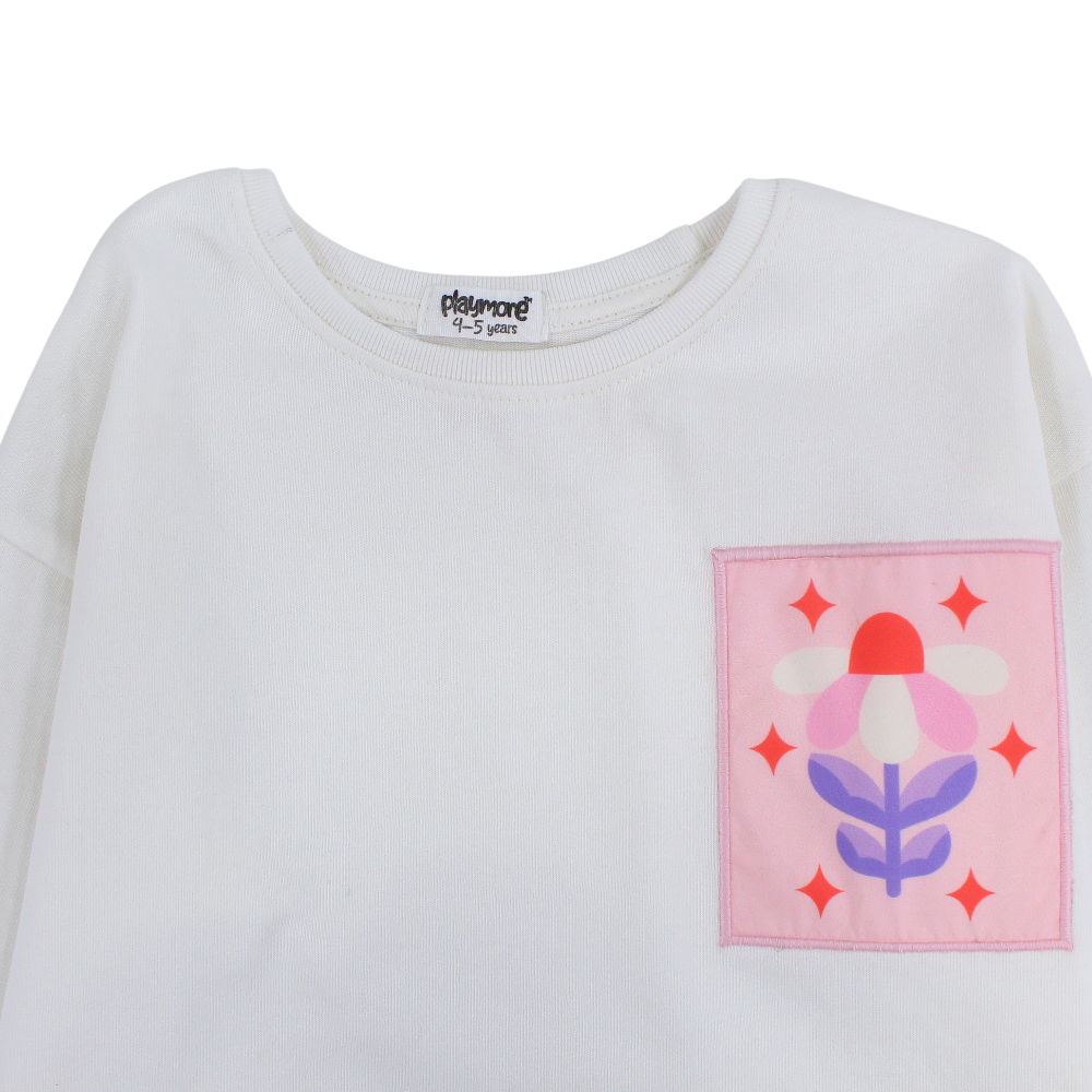 Girls Cotton T-Shirt – Off-White with Flower Print