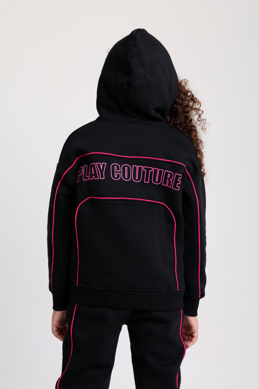 Girls Cotton Hoodie - Black with "Play Couture" Print