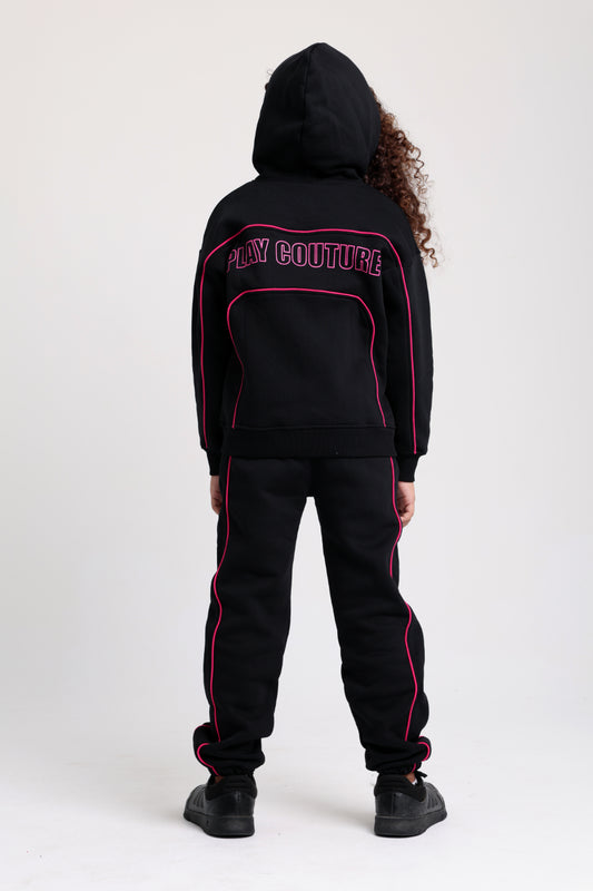 Girls Cotton Hoodie - Black with "Play Couture" Print