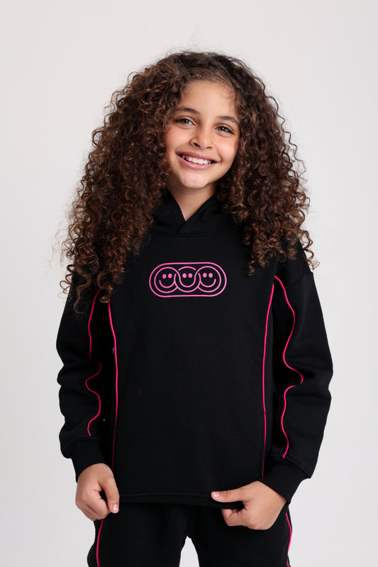 Girls Cotton Hoodie - Black with "Play Couture" Print