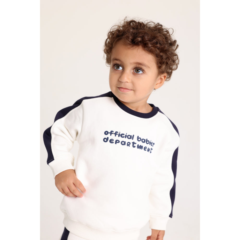 Baby Boys Cotton Outfit Set – Off-White with “Official Babies Department“ Design