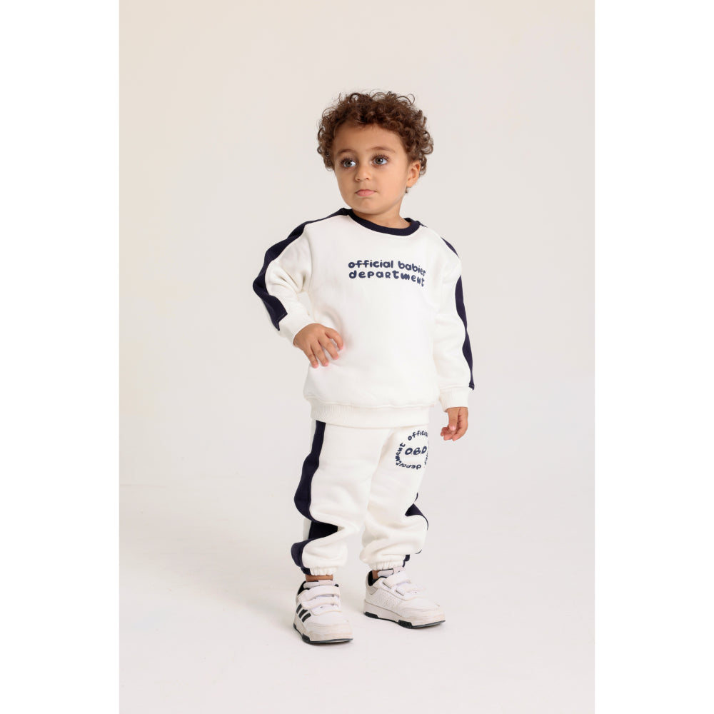 Baby Boys Cotton Outfit Set – Off-White with “Official Babies Department“ Design