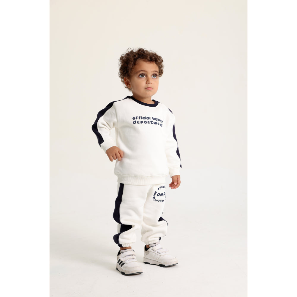 Baby Boys Cotton Outfit Set – Off-White with “Official Babies Department“ Design