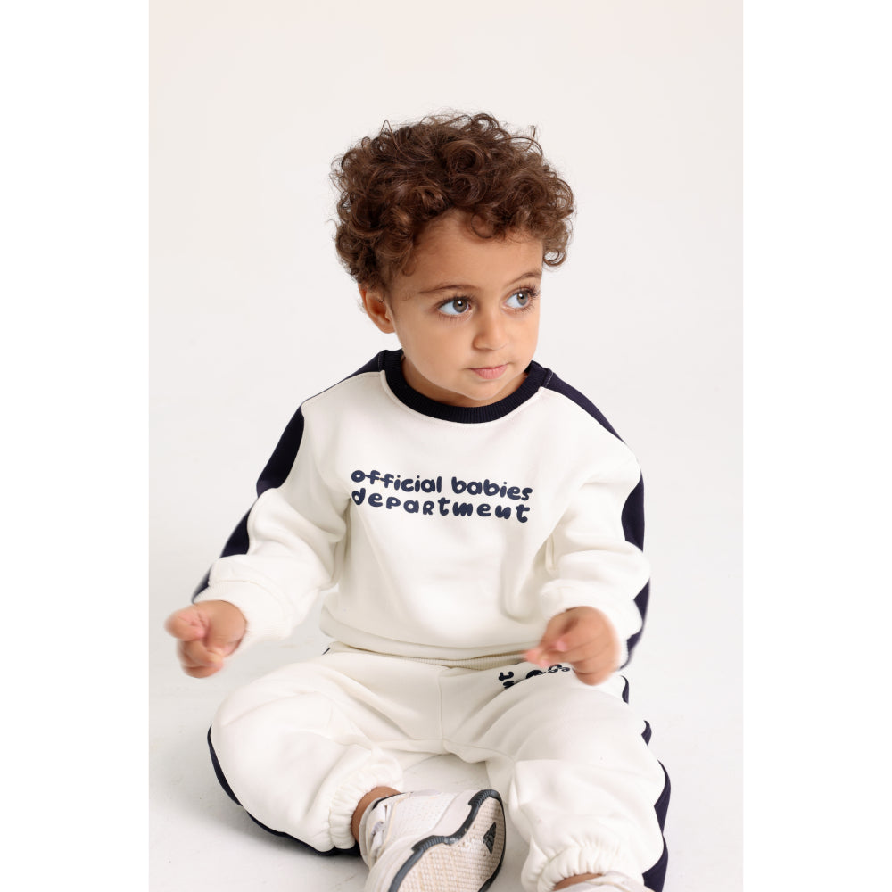 Baby Boys Cotton Outfit Set – Off-White with “Official Babies Department“ Design
