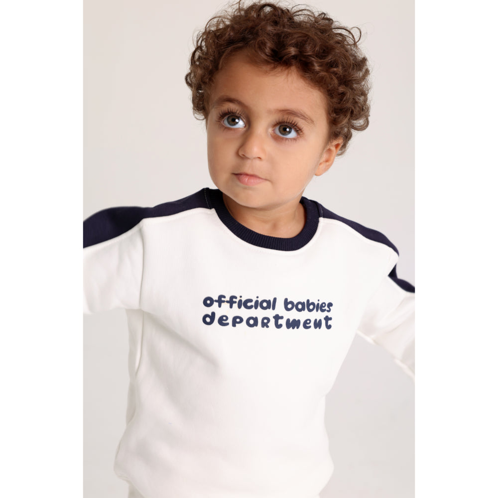 Baby Boys Cotton Outfit Set – Off-White with “Official Babies Department“ Design