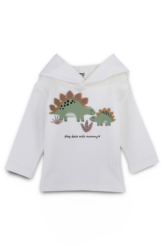 Baby Boys Cotton Hoodie – Off-white with Dino Print
