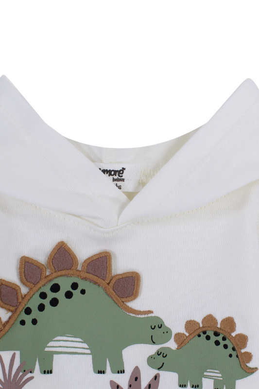 Baby Boys Cotton Hoodie – Off-white with Dino Print