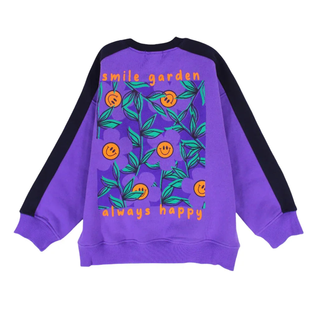 Girls Cotton Sweatshirt - Purple with "Smile Garden Always Happy" Print