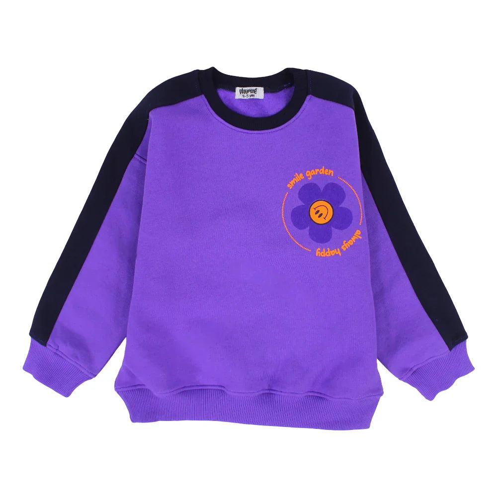 Girls Cotton Sweatshirt - Purple with "Smile Garden Always Happy" Print