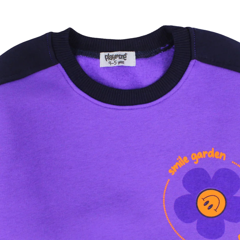 Girls Cotton Sweatshirt - Purple with "Smile Garden Always Happy" Print