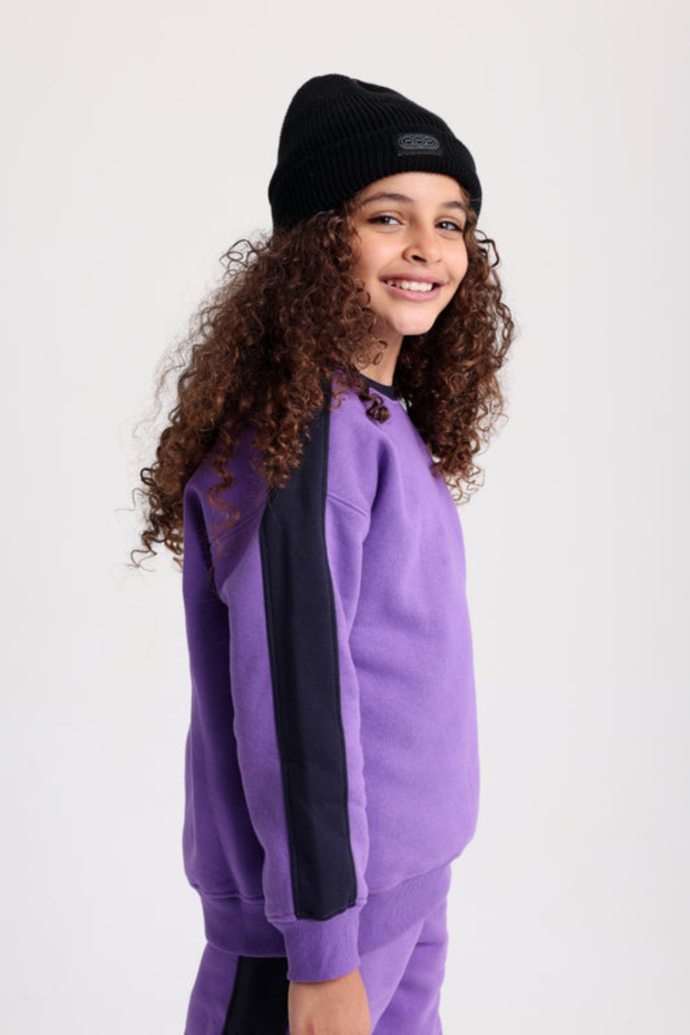 Girls Cotton Sweatshirt - Purple with "Smile Garden - Always Happy" Print