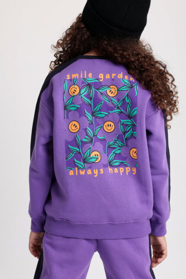 Girls Cotton Sweatshirt - Purple with "Smile Garden - Always Happy" Print