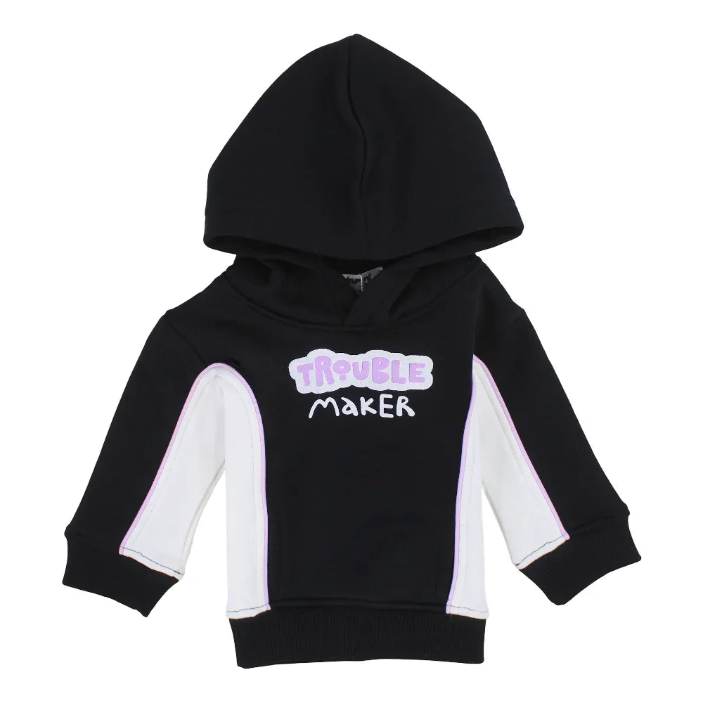 Baby Girls Cotton Hoodie – Black & Off White with “Trouble Maker” Print