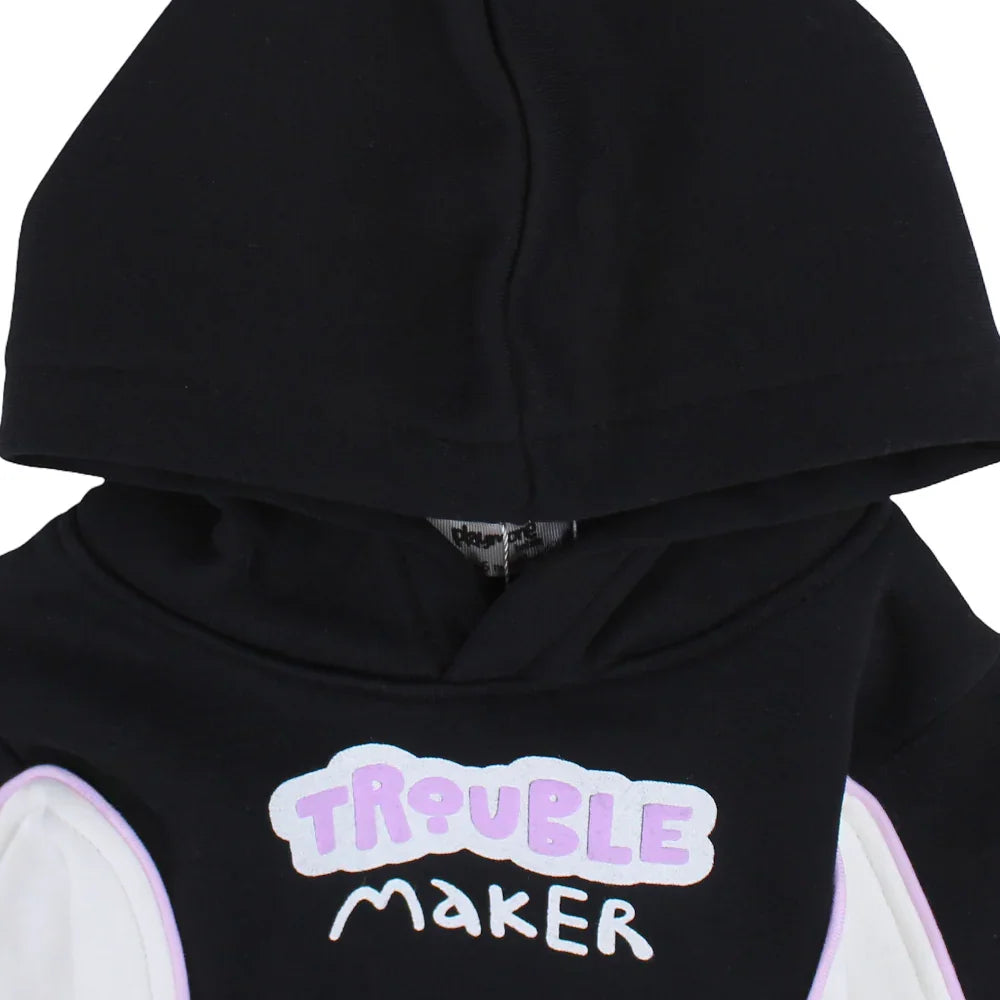 Baby Girls Cotton Hoodie – Black & Off White with “Trouble Maker” Print
