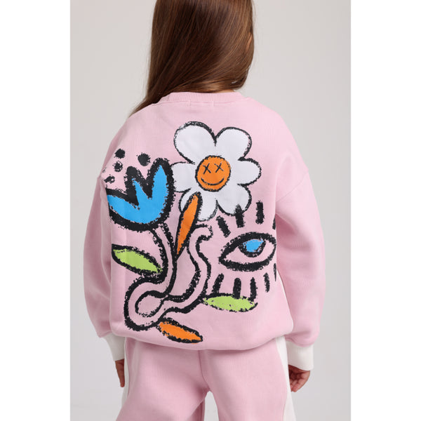 Girls Cotton Sweatshirt – Off-White & Pink with Flowers Print