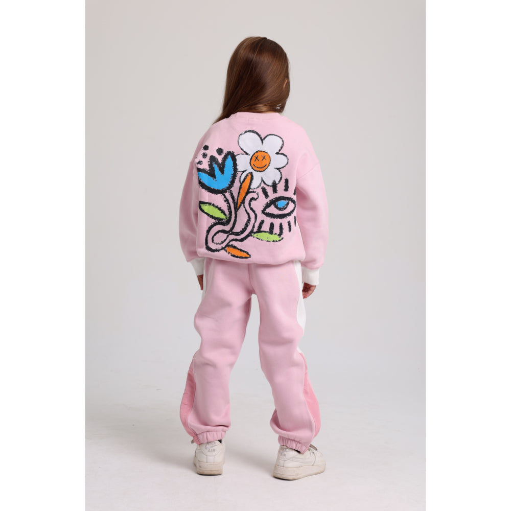 Girls Cotton Sweatshirt – Off-White & Pink with Flowers Print