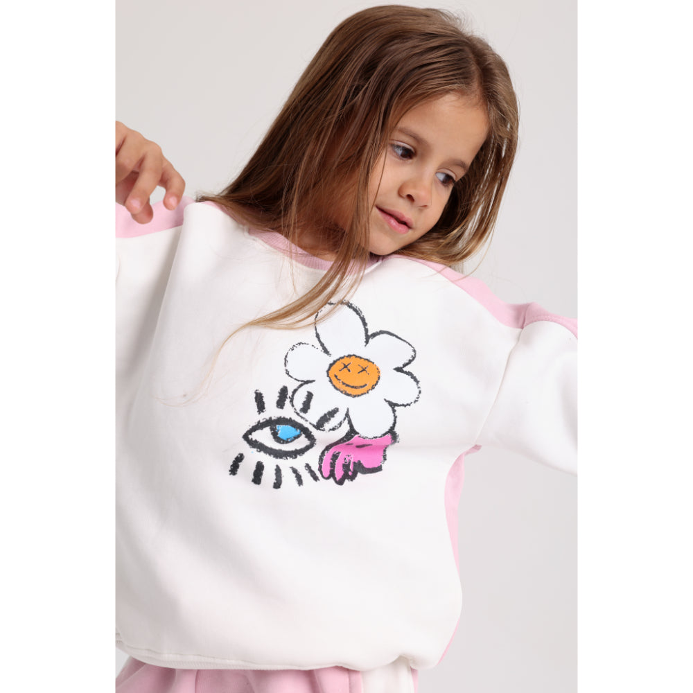 Girls Cotton Sweatshirt – Off-White & Pink with Flowers Print