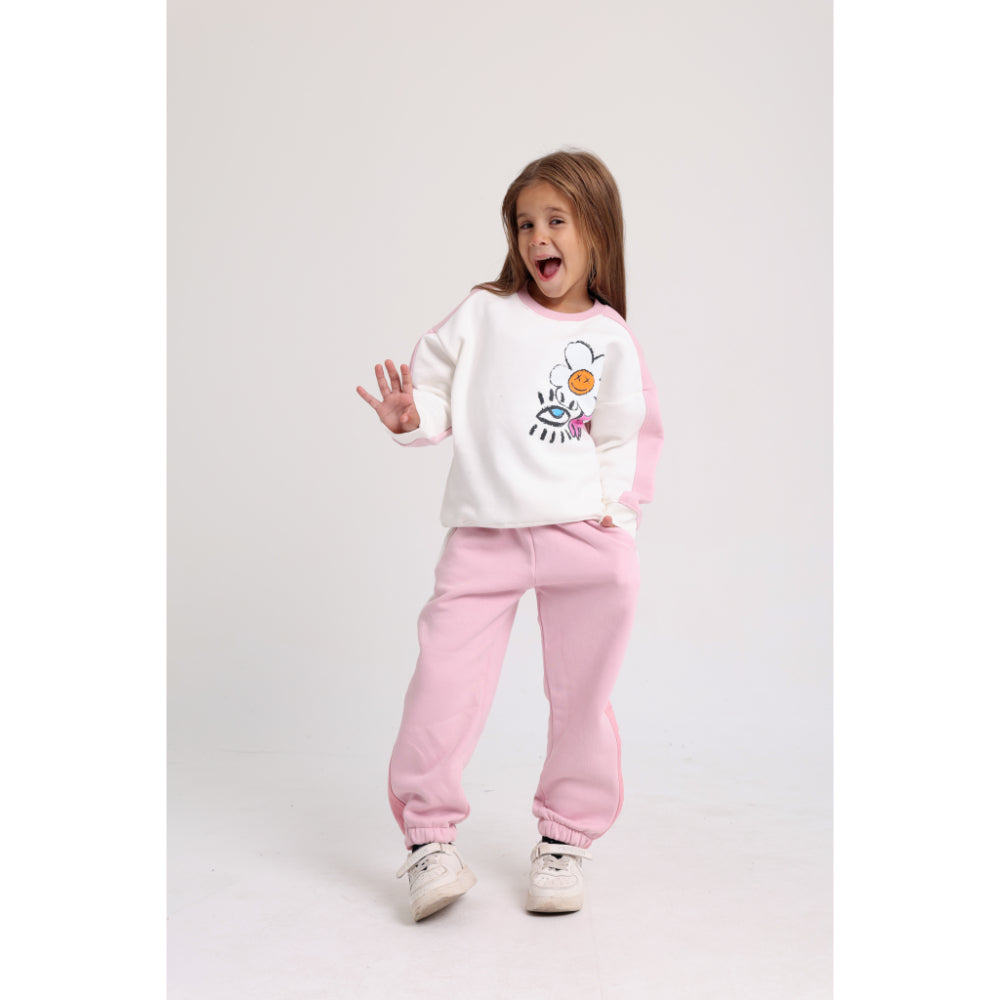 Girls Cotton Sweatshirt – Off-White & Pink with Flowers Print