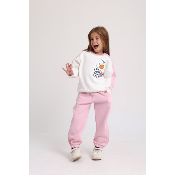 Girls Cotton Sweatshirt – Off-White & Pink with Flowers Print