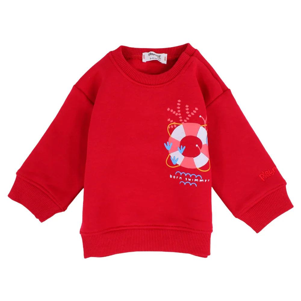 Baby Girls Sweatshirt – Red with “Born Swimmer” Print