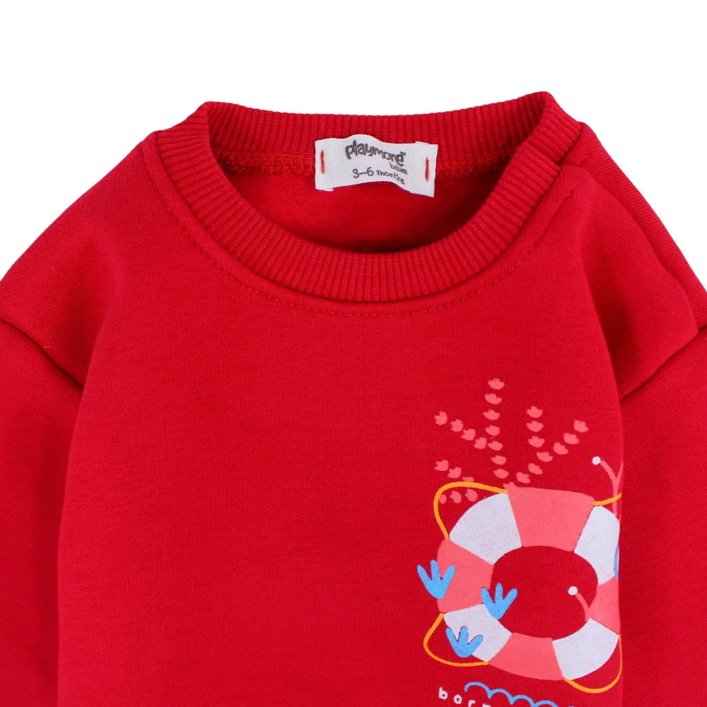 Baby Girls Sweatshirt – Red with “Born Swimmer” Print