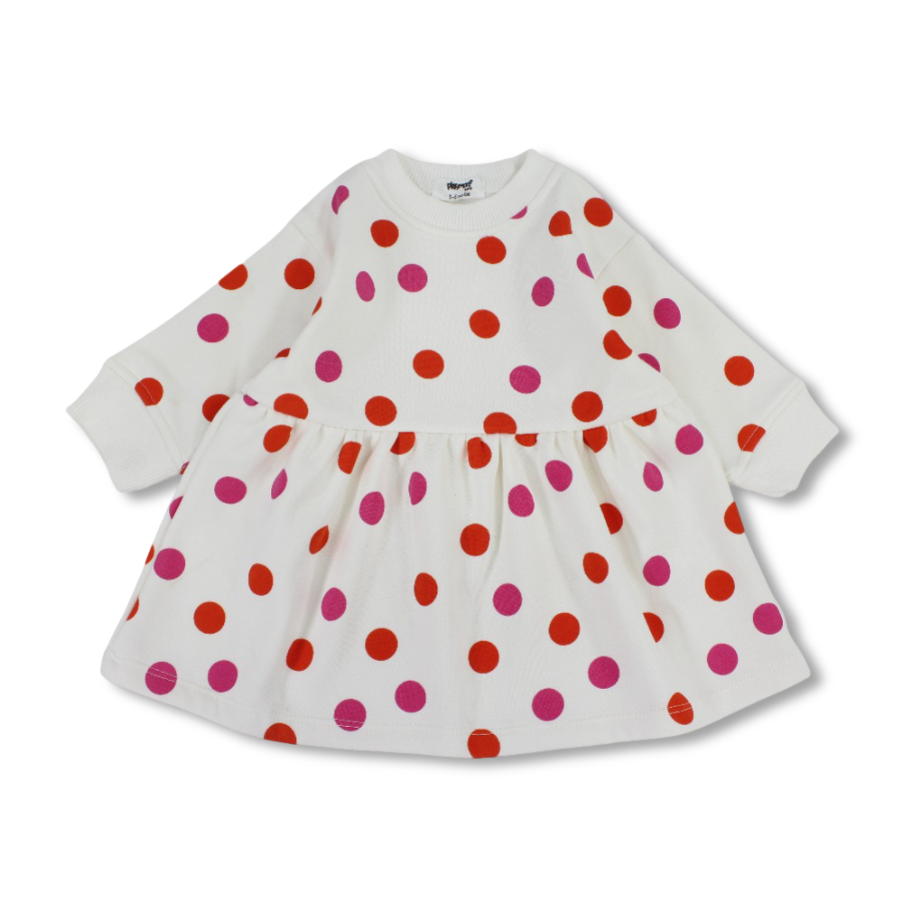 Baby Girls Cotton Dress – Off-White with Polka Dots Print