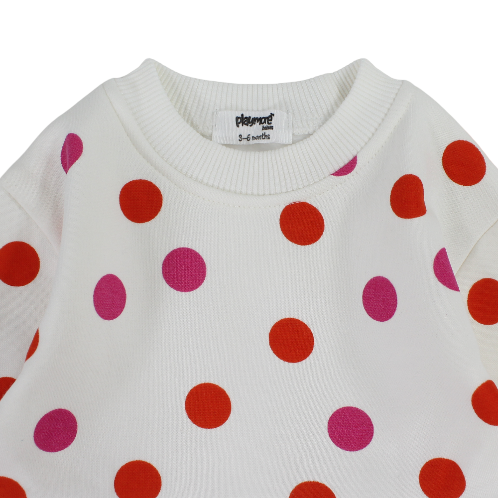 Baby Girls Cotton Dress – Off-White with Polka Dots Print