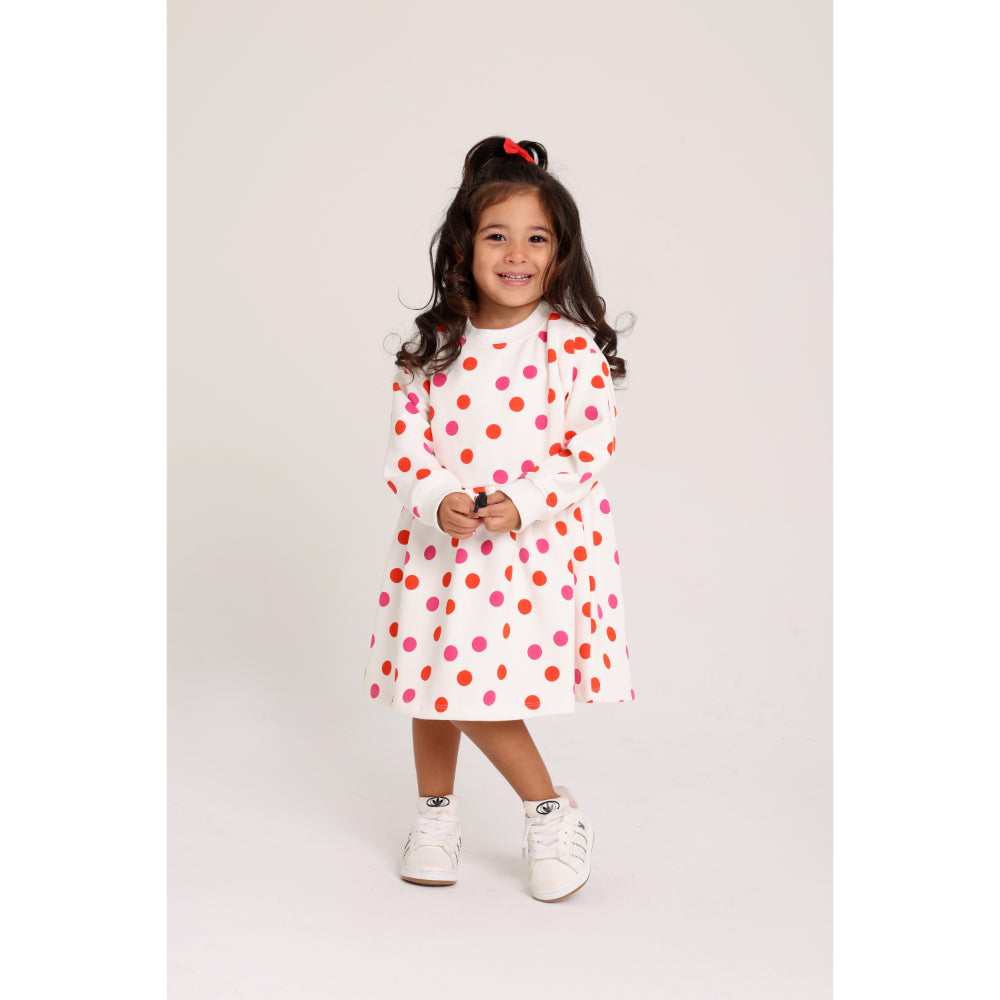 Baby Girls Cotton Dress – Off-White with Polka Dots Print