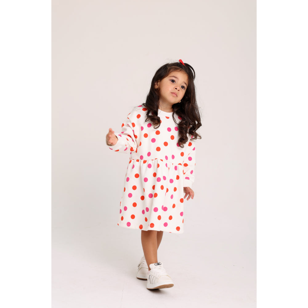 Baby Girls Cotton Dress – Off-White with Polka Dots Print