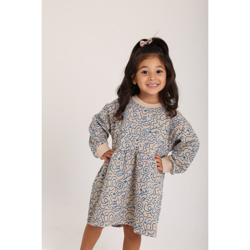 Baby Girls Cotton Dress – Beige with Blue Doodles Print