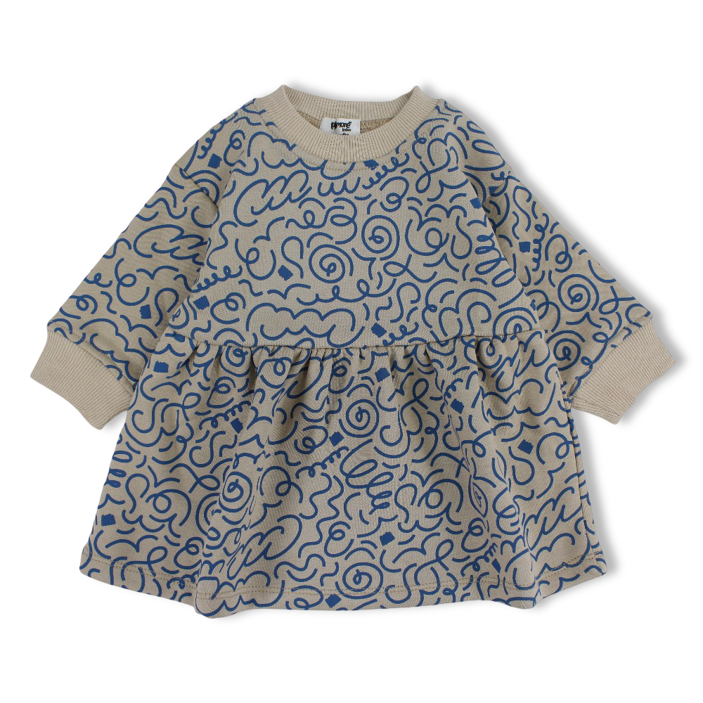 Baby Girls Cotton Dress – Beige with Blue Doodles Print