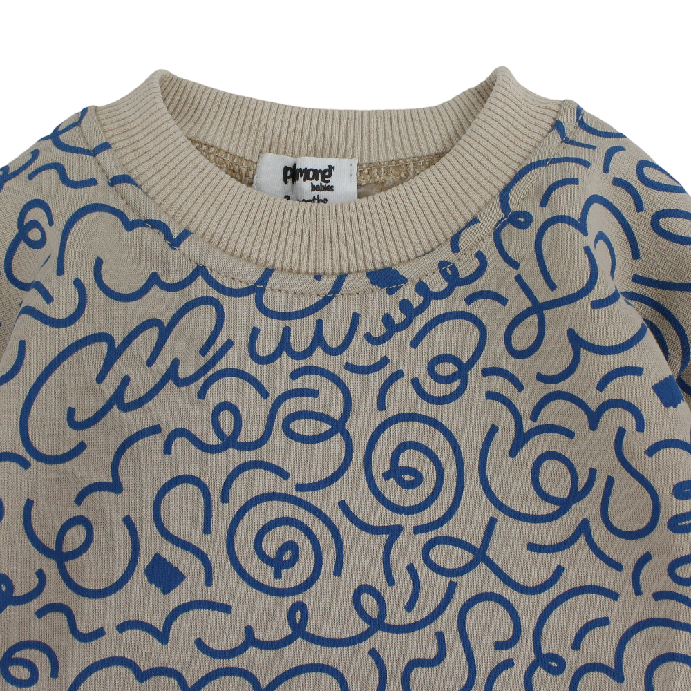 Baby Girls Cotton Dress – Beige with Blue Doodles Print