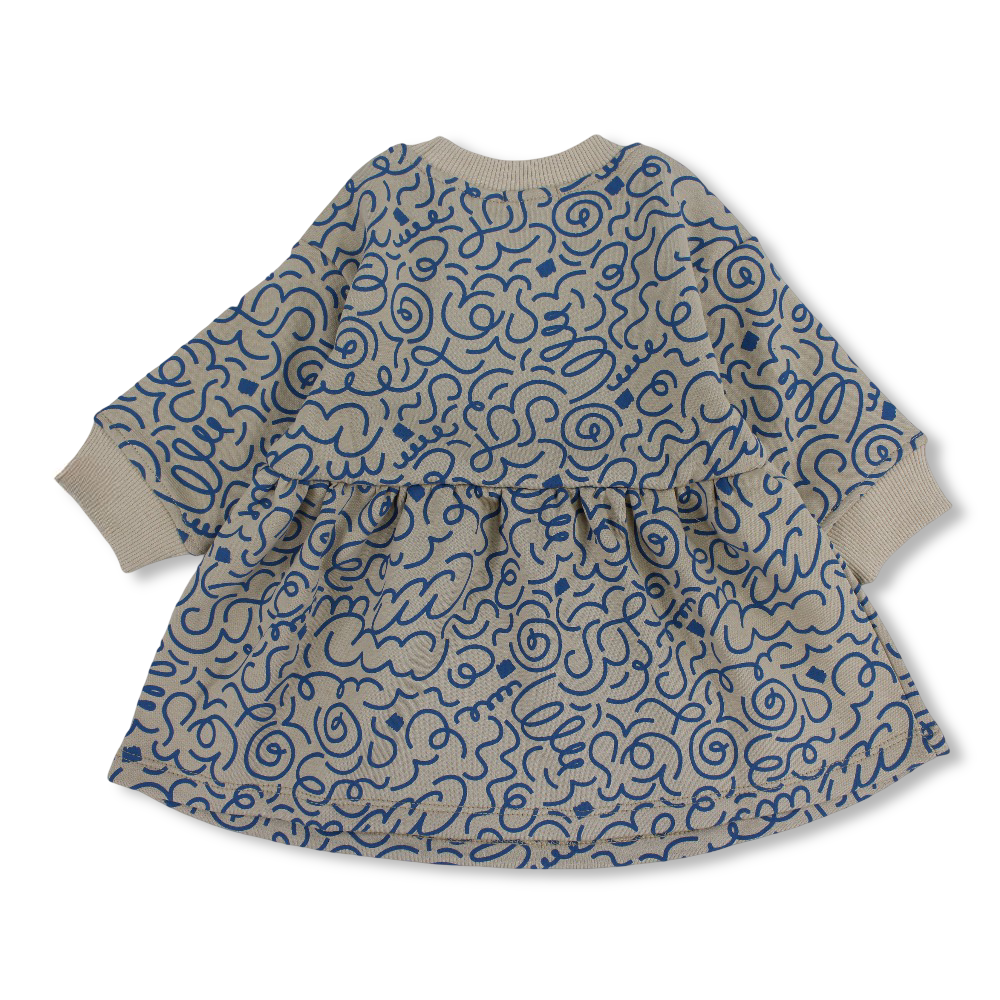Baby Girls Cotton Dress – Beige with Blue Doodles Print