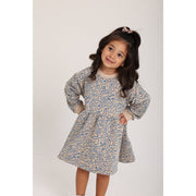 Baby Girls Cotton Dress – Beige with Blue Doodles Print