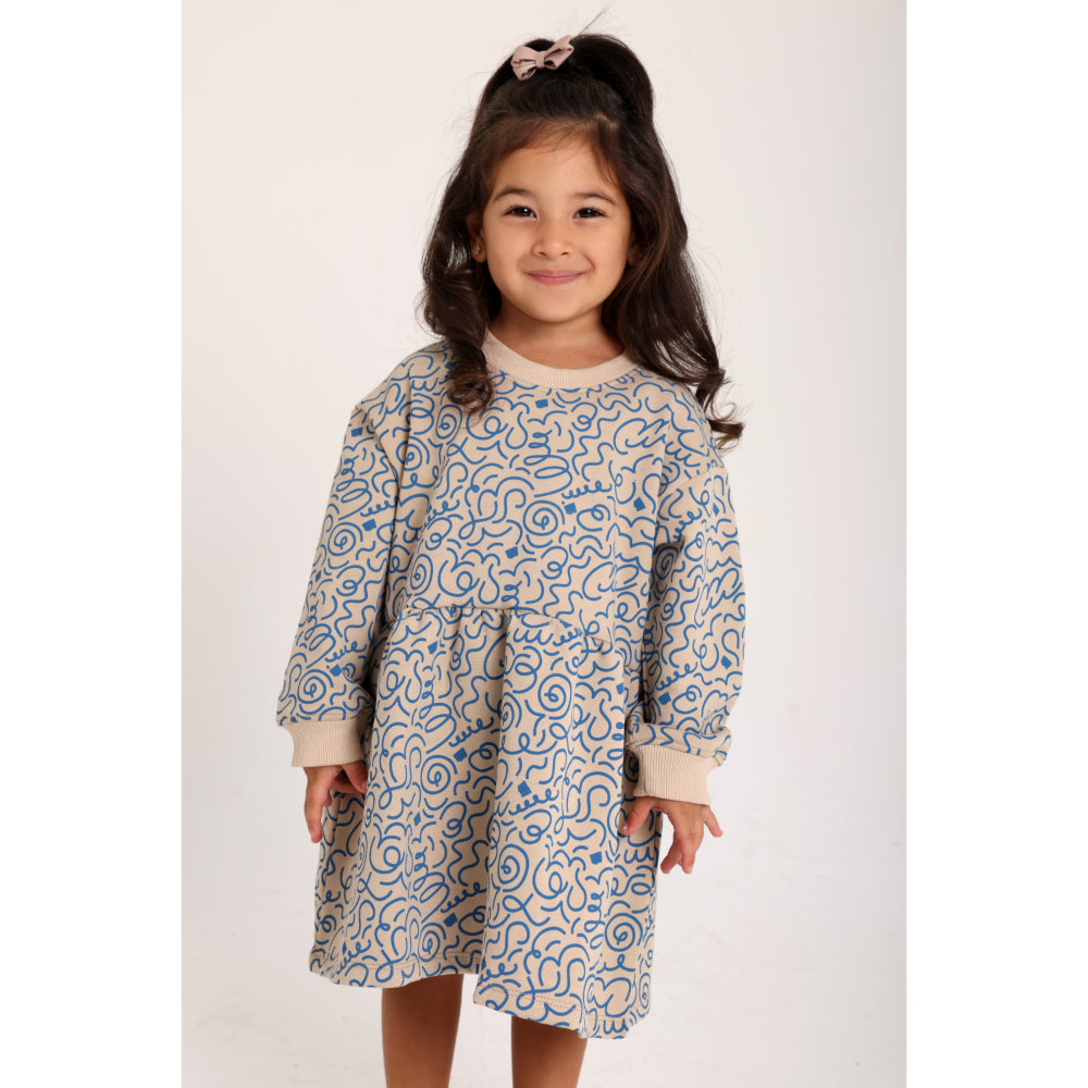 Baby Girls Cotton Dress – Beige with Blue Doodles Print