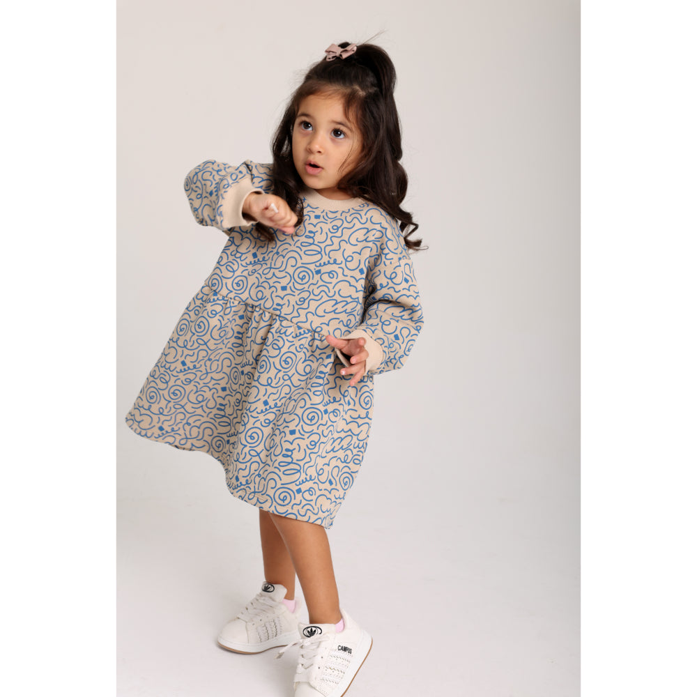 Baby Girls Cotton Dress – Beige with Blue Doodles Print